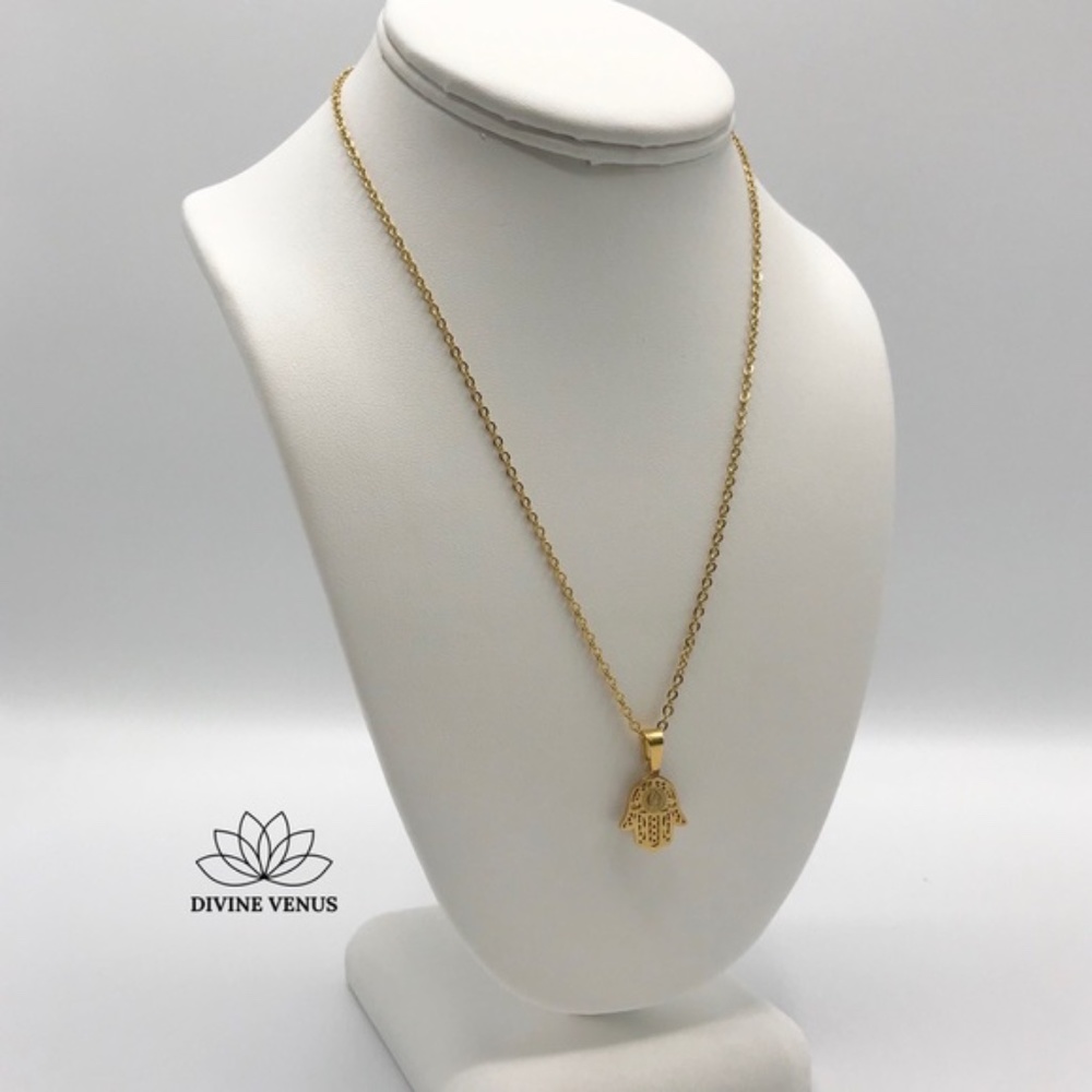 Hamsa Blessed Mother Hand of God Necklace | Gold Plated Stainless Steel - Picture 2 of 7